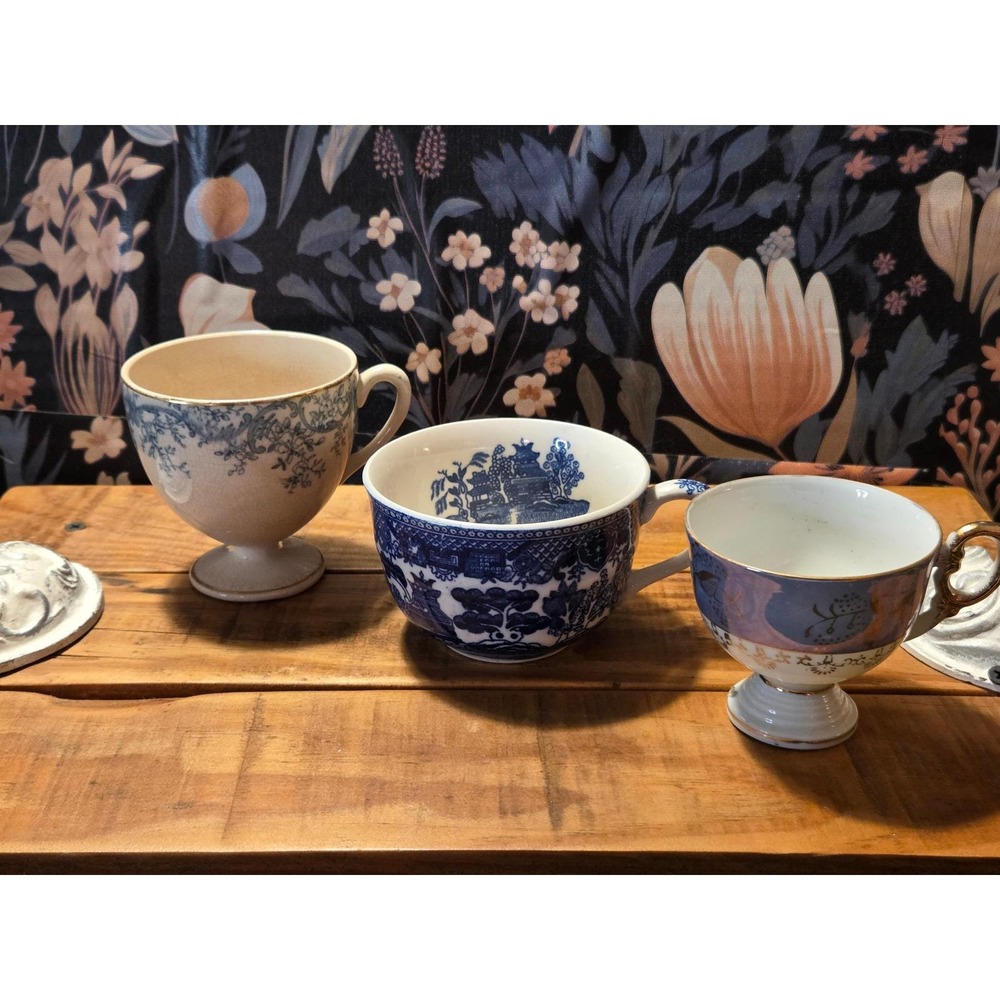 3 Vintage Teacups Blue White Floral Porcelain 2 Pedestal Base Cottagecore